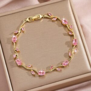 Gold Plated Pink Stones Studded Anti Tarnish Tulip Bracelet
