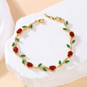 Gold Plated Red and Green Stones Studded Anti Tarnish Tulip Bracelet