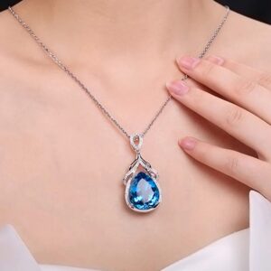Silver Plated Anti Tarnish American Diamond Crushed Ice Cut Blue Teardrop Shape Pendant