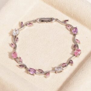 Silver Plated Pink And Purple Stones Studded Anti Tarnish Tulip Bracelet
