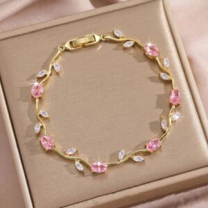 Gold Plated Pink and White Stones Studded Anti Tarnish Tulip Bracelet