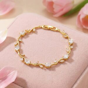 Gold Plated White Stones Studded Anti Tarnish Tulip Bracelet